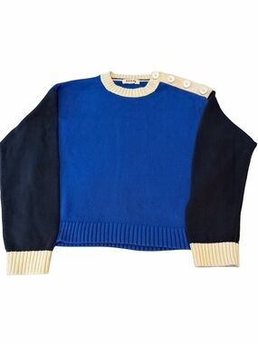 Boden Royal Blue Black Crewneck Sweater with Cream Trim and Shoulder Buttons